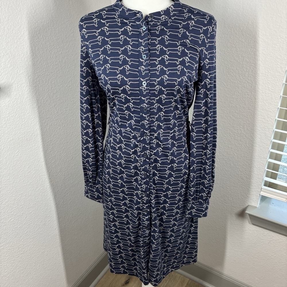Boden Blue Dog Print Imogen Collared Jersey Midi Dress US Size 6R Dachshund